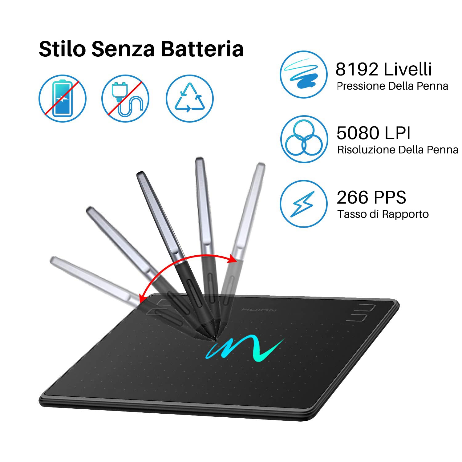 HUION HS64 Tavoletta Grafica con Penna a Pressione 8192 Senza Batteria con Pressione a Quattro Tasti Supporta il Sistema Operativo Android 6.0, Windows e MacOS