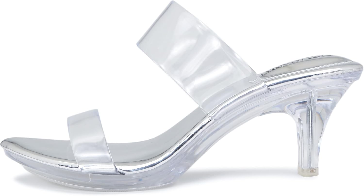 NBUUNBU Clear Heels for Women Silver Black Heels Little Platform Sexy High Heels Sandals Stiletto Kitten Open Toe Dress Shoes Comfortable Double Transparent Strap Heeled Sandals Mule