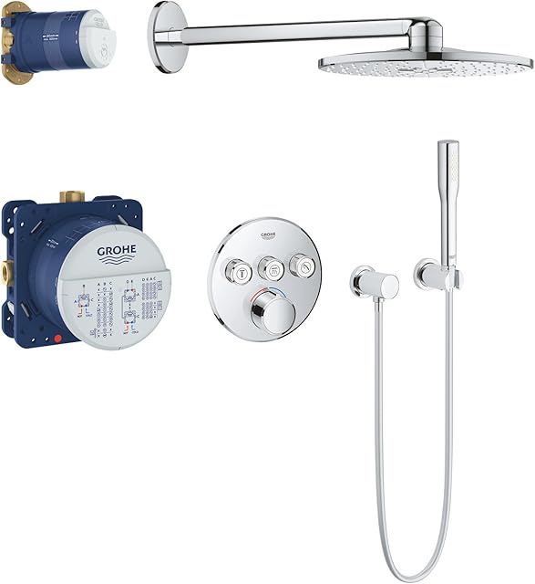 GROHE SmartControl  Concealed 3 way Mixer Valve Push Button Shower Set (SmartActive Cube 31cm Head Shower 2 Spray, Hand Shower 1 Spray, Shower Hose 1.5m, Turn for Volume Adjustment), Chrome, 34709000