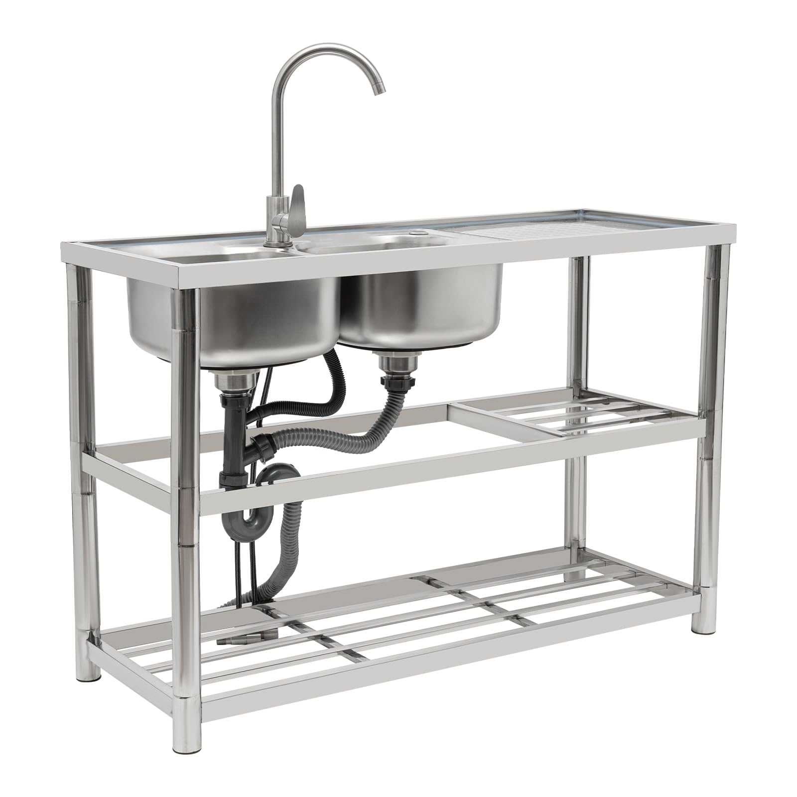Lavello autoportante in acciaio inox, 2 vasche da cucina, set completo, 120 x 45 x 80 cm