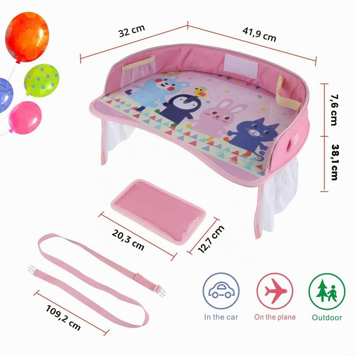 Plateau de Voyage pour Enfants et Tout-Petits - Siège de Travail pour Activité et Rangement - Organisateur avec Porte-Téléphone Étanche et Pliable (Rose)