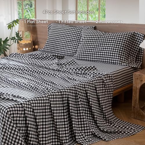 Image of MooMee Gingham Sheet Set 100% Washed Cotton Linen Like Textured Breathable Soft w /Fully Elasticized 16-19 inch Deep Pocket (Classic Gingham Black White, Queen)
