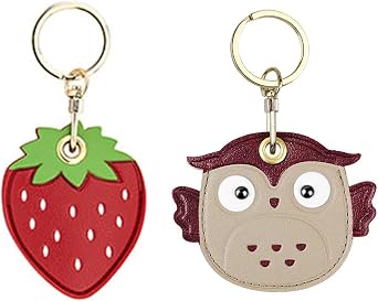 2 Pack, Cute Leather Keychain Case for Apple AirTag, Tile Mate, Galaxy SmartTag, eufy SmartTrack Link and Key Fob, Anti-ScratchStrawberry+Owl