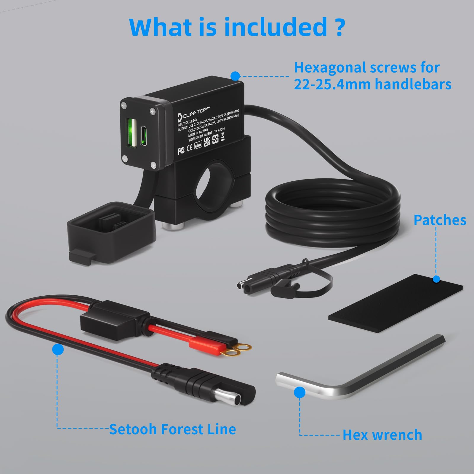 Cliff Top Chargeur USB de moto en aluminium 36W PD USB-C et QC 3.0 avec interrupteur d'alimentation magnétique et étanche pour guidons 7/8 '', 1'', 1 1/4 " - Empêche la décharge de la batterie.