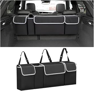 Car Trunk Organizer, Backseat Hanging Large Storage with Adjustable Straps, Waterproof Collapsible Cargo Bag with 4 Pockets, Sturdy Space Saver Frees Trunk Floor for SUV, Truck, MPV