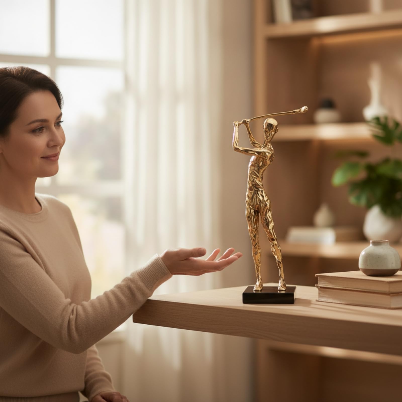 Golf Figur Skulptur Trophäe Dynamische Golfer Darstellung mit Polierter Oberfläche auf Ebonisiertem Sockel aus Legierung, Gold Gesprüht, Modern Minimalistisch