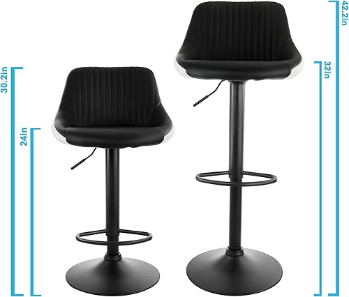 Miniatura 3 de Elama Taburete de bar ajustable de piel sintética de 2 piezas en blanco y negro con base negra, (ELM-704-1)