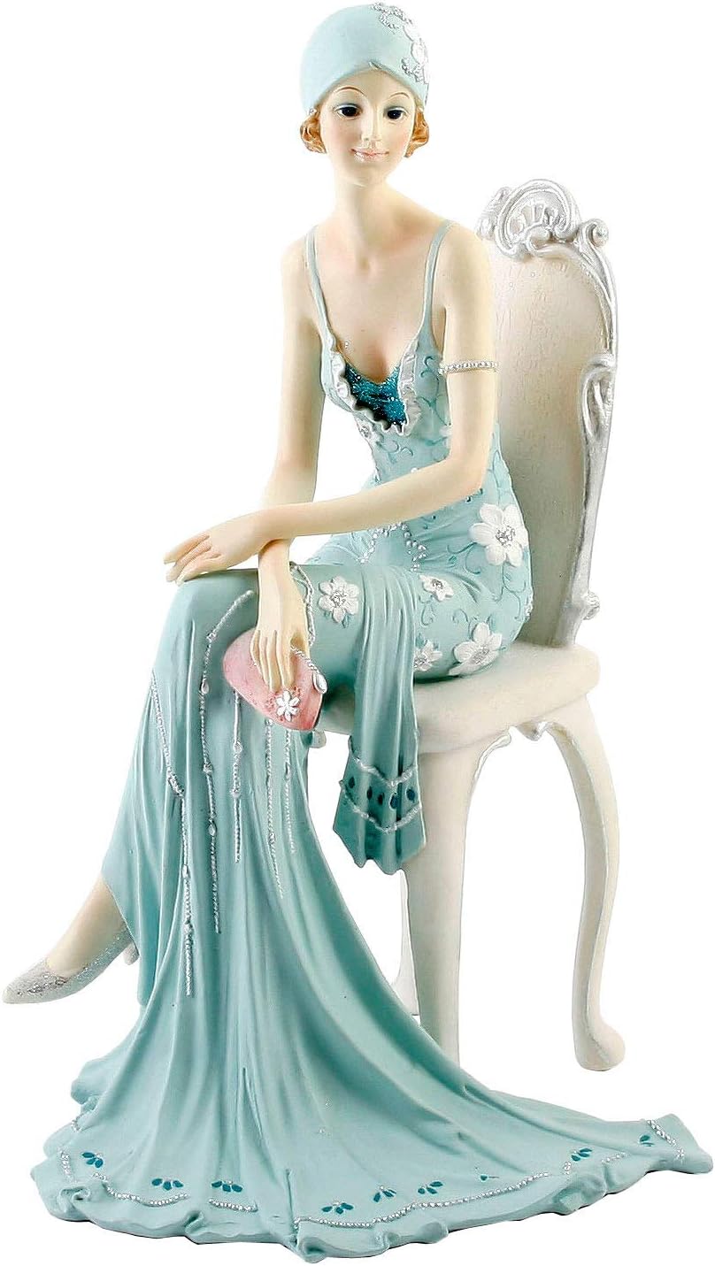 Art Deco "Chloe" Sitting Lady Right Teal Glitter Dress Figurine Ornament