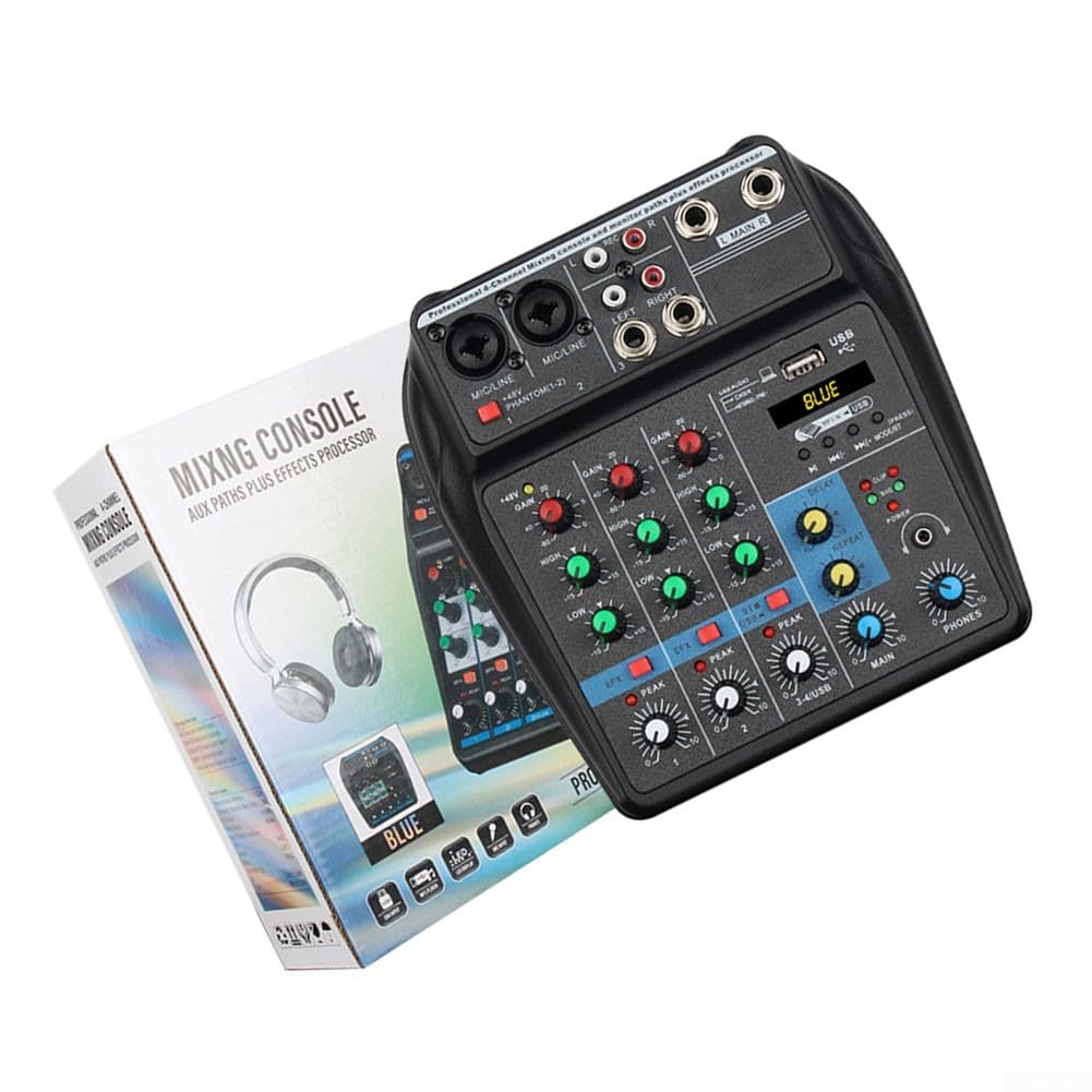 Mezclador de audio de 4 canales con BT USB 48 V Phantompower para Studio Live Streaming DJ, consola, Soundboard, compacta, azul