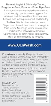 CLn SportWash High-Performance Sport Body Wash, For Men & Women Prone to Body Odor, Foot Odor, Ringworm, Folliculitis, Back Acne, Fragrance-Free & Paraben-Free, 3.4 fl. oz.