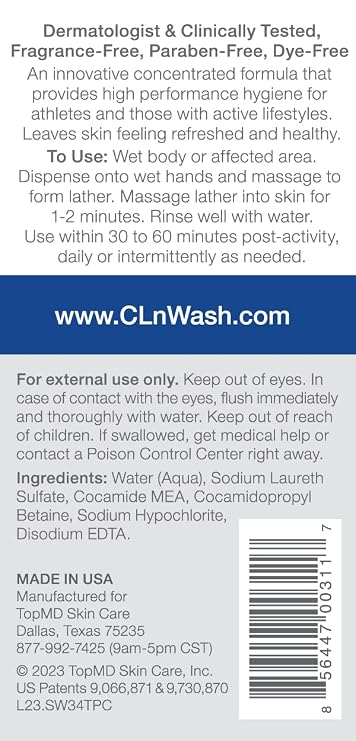 CLn SportWash High-Performance Sport Body Wash, For Men & Women Prone to Body Odor, Foot Odor, Ringworm, Folliculitis, Back Acne, Fragrance-Free & Paraben-Free, 3.4 fl. oz.