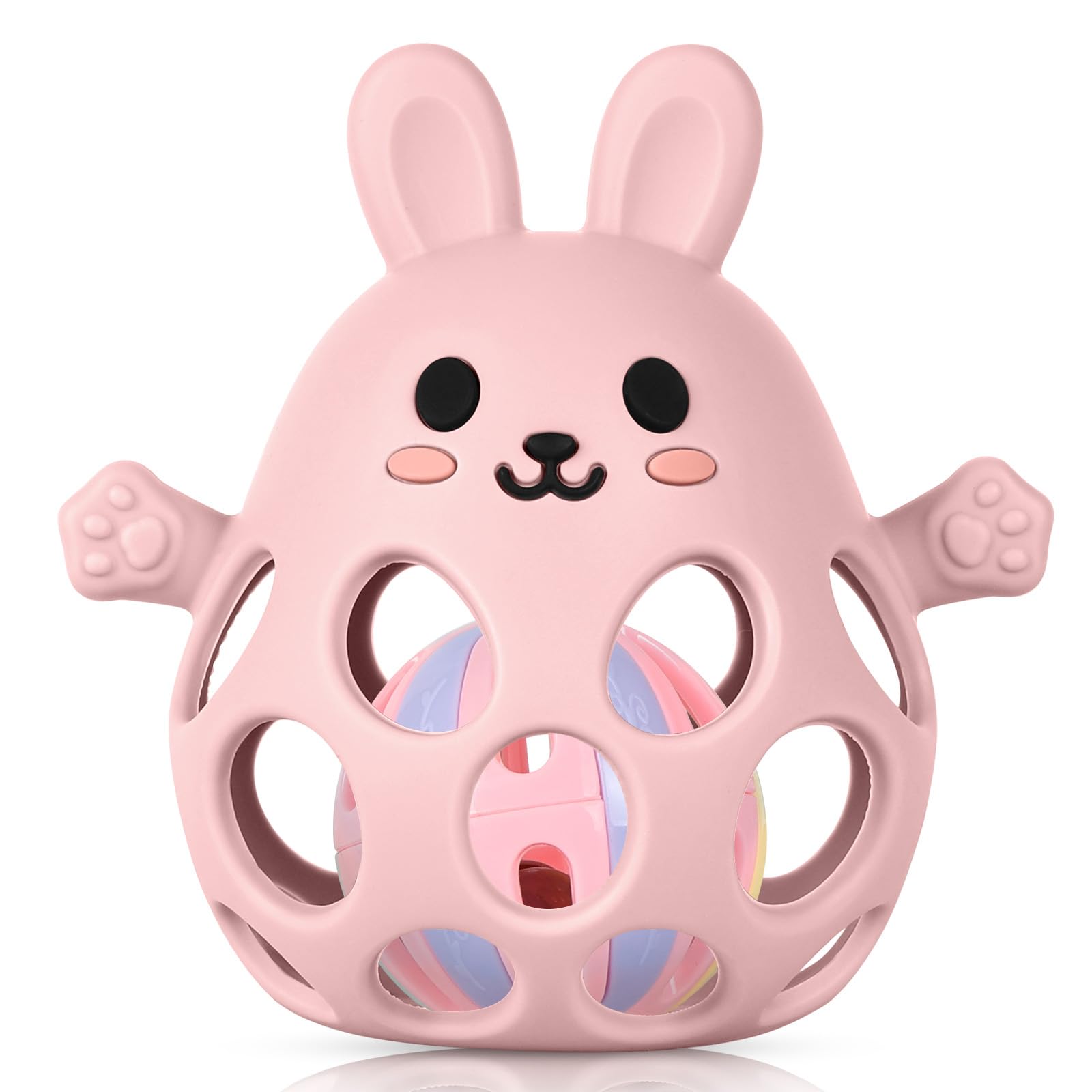 HOTUT Baby Sensory Teething Toy with Rattle,Grasping Ball,1st Boy Girl Easter Basket Gifts,Easy to Grip Soft and Safe,Silicone Relief Chew Teether,for Newborn 3 6 9 12 18 Months,Autistic Toddler