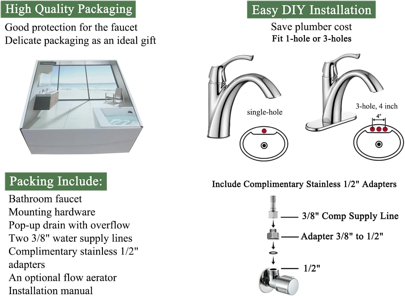 Chrome Bathroom Faucet, Single Handle Bathroom Sink Faucet for 1 Hole with 3 Holes Deck Plate, Lavatory Vanity Faucets, Pop Up Drain and Water Supply Lines Included, TAF206-CP - Image 5