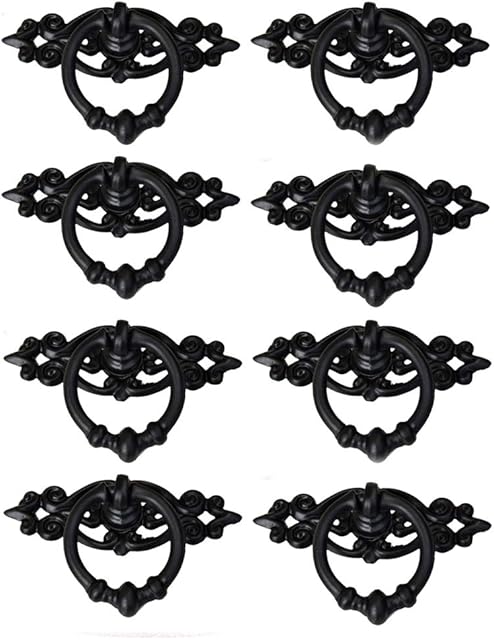 8Pcs Vintage Pull Handle, Retro Ring Handle, Antique Zinc Alloy Pull Handles Knobs for Cabinet, Drawer, Gate, Wardrobe, Cupboard - Black