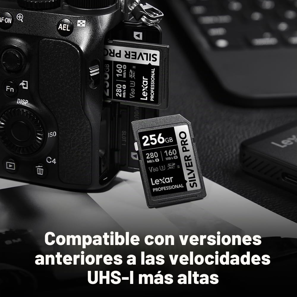 Lexar Tarjeta SD Profesional Silver Pro de 256 GB, UHS-II, C10, U3, V60, Full HD, 4K, Tarjeta de Memoria SDXC de Lectura de hasta 280 MB/s, para fotógrafos Profesionales, videógrafos, entusiastas