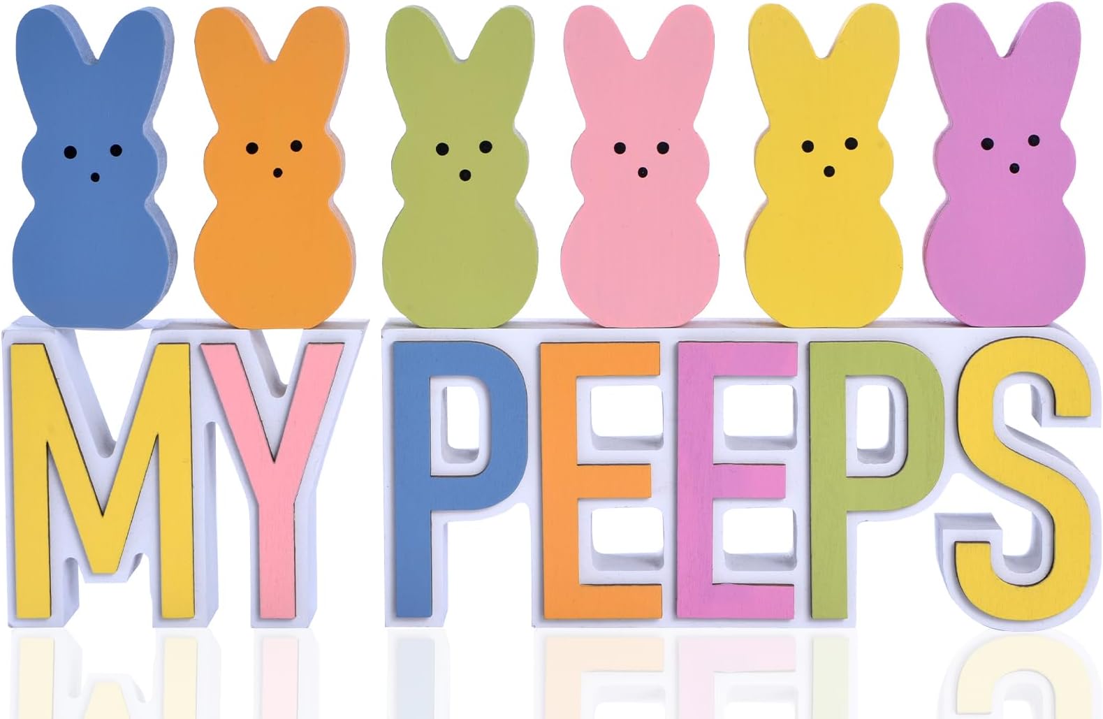 Easter Bunny Decorations for Home, 8PCS Wooden Easter Bunnies with 3D MY/PEEPS Signs, Spring Tiered Tray Decor Set for Table Centerpiece, Office, Holiday Display (6 colors)