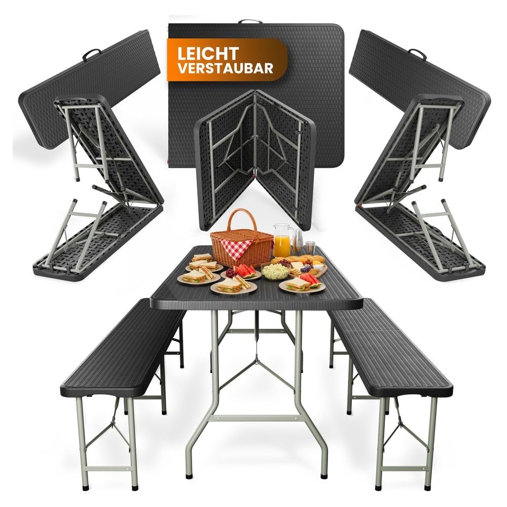 Bierzeltgarnitur Klappbar 3-teilig – Kunststoff Biertischgarnitur Tisch & 2 Bänke – Campingtisch, Festzeltgarnitur, Rattan-Optik, Wetterfest, Tragegriff, 500 kg je Bank