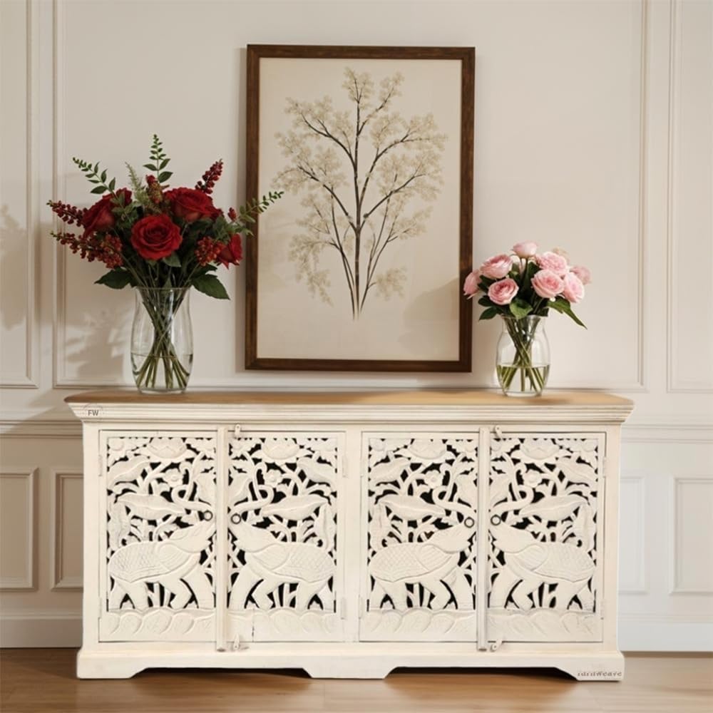 Sevena Solid Wood Sideboard Tv Cabinet for Living Room, Office & Lounge | Tv Unit Side Board Table with 4 Doors Solid Wooden Antique Storage Cabinet Furniture for Home, Off White Distress-image-37
