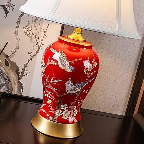 Miniatura 4 de Lamp Factory Diseño original hecho a mano pájaro rojo cerámica lámpara de mesa de jengibre tarro lámpara de escritorio de tela china dormitorio