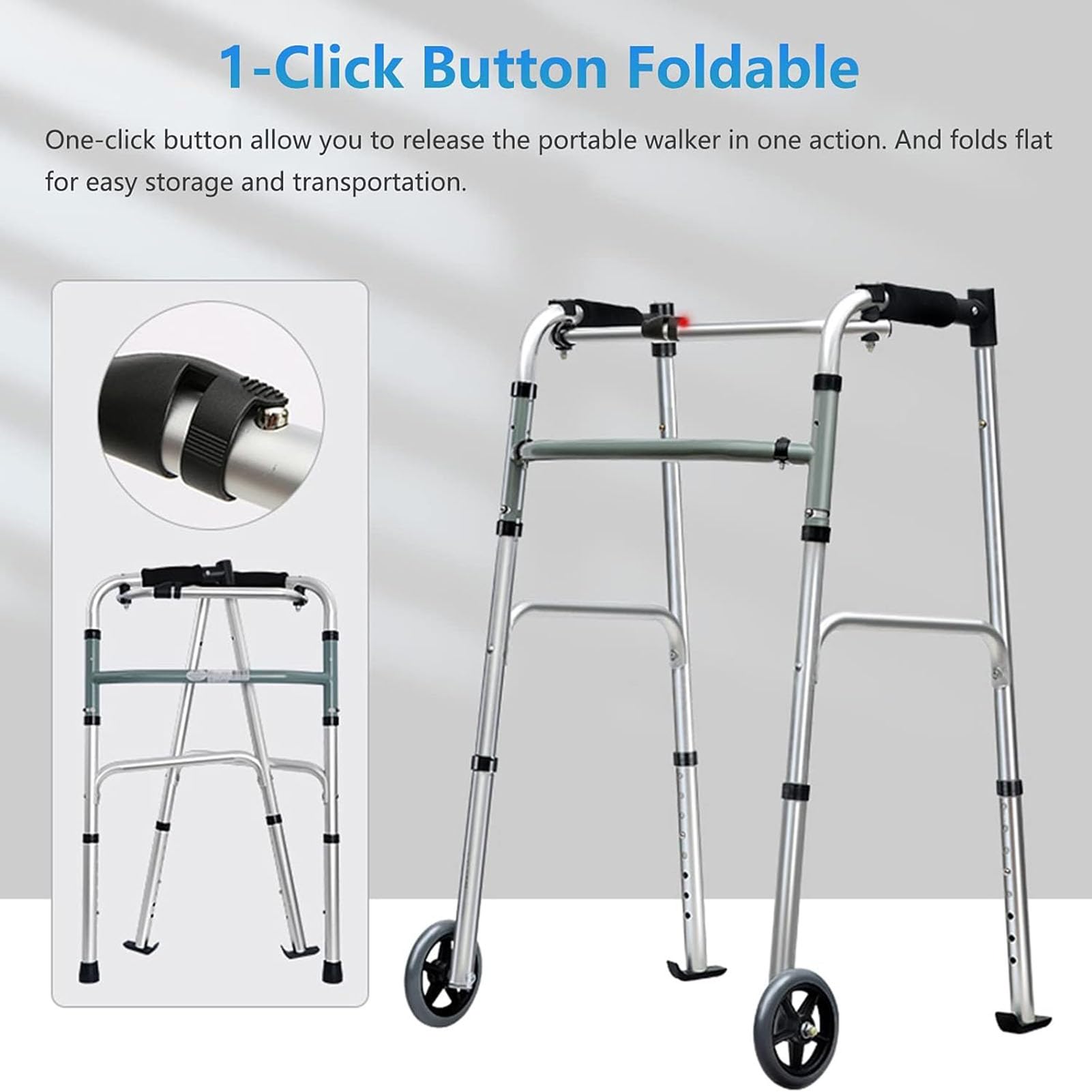 Andador Plegable con Reposabrazos Extraíbles, Andador Vertical para Ancianos De Aluminio Plegable, Soporte para Antebrazo/Adultos, Altura Ajustable Regulable En Altura, Ruedas Sólidas