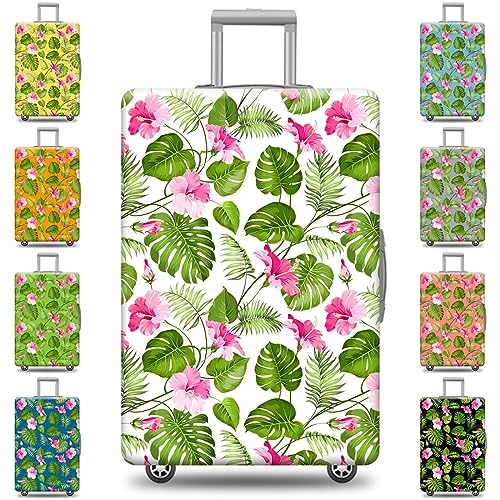Custom Hawaiian Suitcase Cover Tropical Plants Green Leaves Floral Travel Luggage Cover Tropical Print Washable Suitcase Protector, 4 Size 17 Color Options