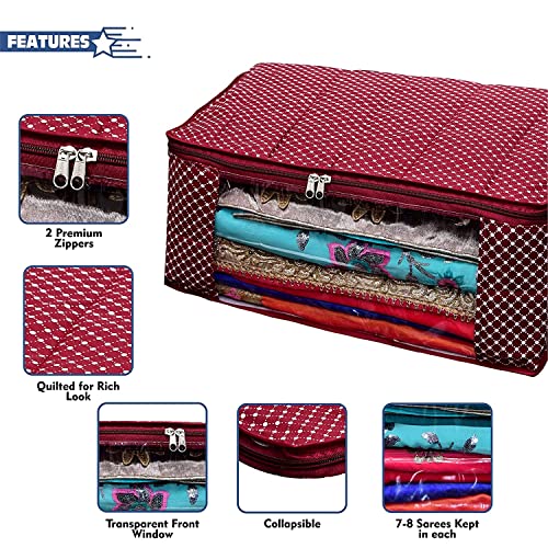 Image of Zip Bag|Foldable Wardrobe Clothe|Cotton Saree Cover Closet Orgnizer /Saree Bags for Wardrobe Orgnizer Clothe Covers |Saree Organizer|Saree Bag Wardrobe (Pack of 10, Maroon + Blue)