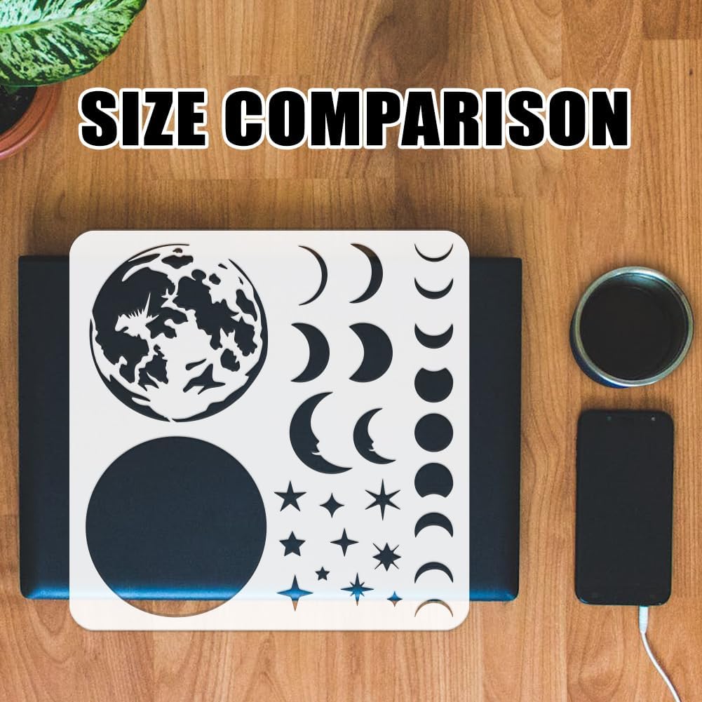 FINGERINSPIRE Layered Moon Painting Stencil 11.8x11.8 inch Moon Phases Drawing Template Space Theme Plastic Stencil for DIY Painting Wall Wood Home Decoration