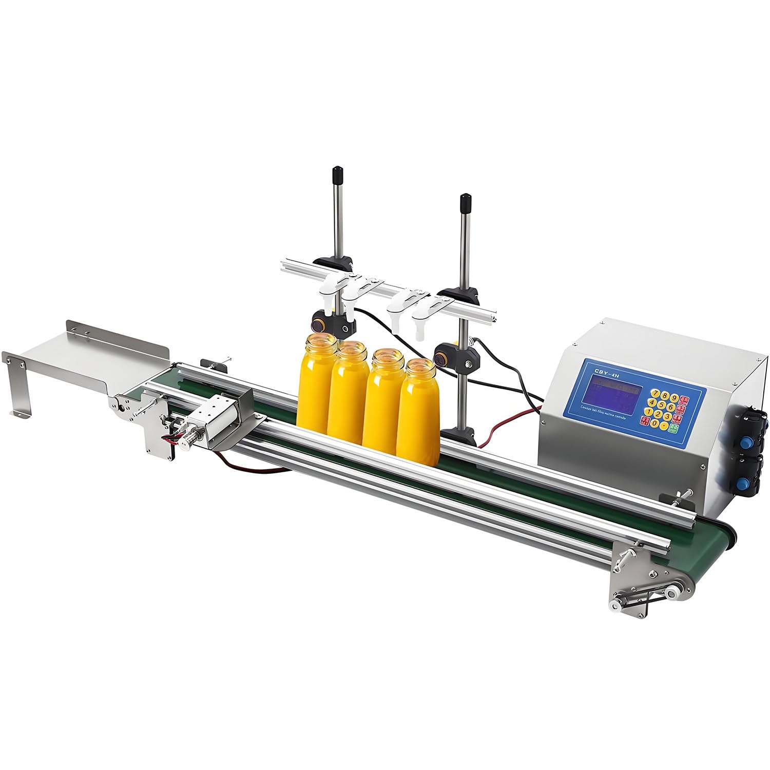 Máquina llenadora automática de líquidos de 4 cabezales con cinta transportadora. Llenadora de botellas de 10 a 500 ml. Mini línea de producción automática de 150 W para bebidas de vino blanco