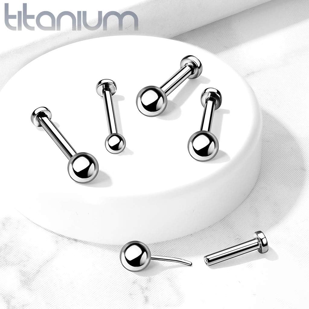 Threadless Push In Ball Top Labret Flat Back Stud Implant Grade Titanium for Nose, Cartilage, Monroe, and More (Choose Size)