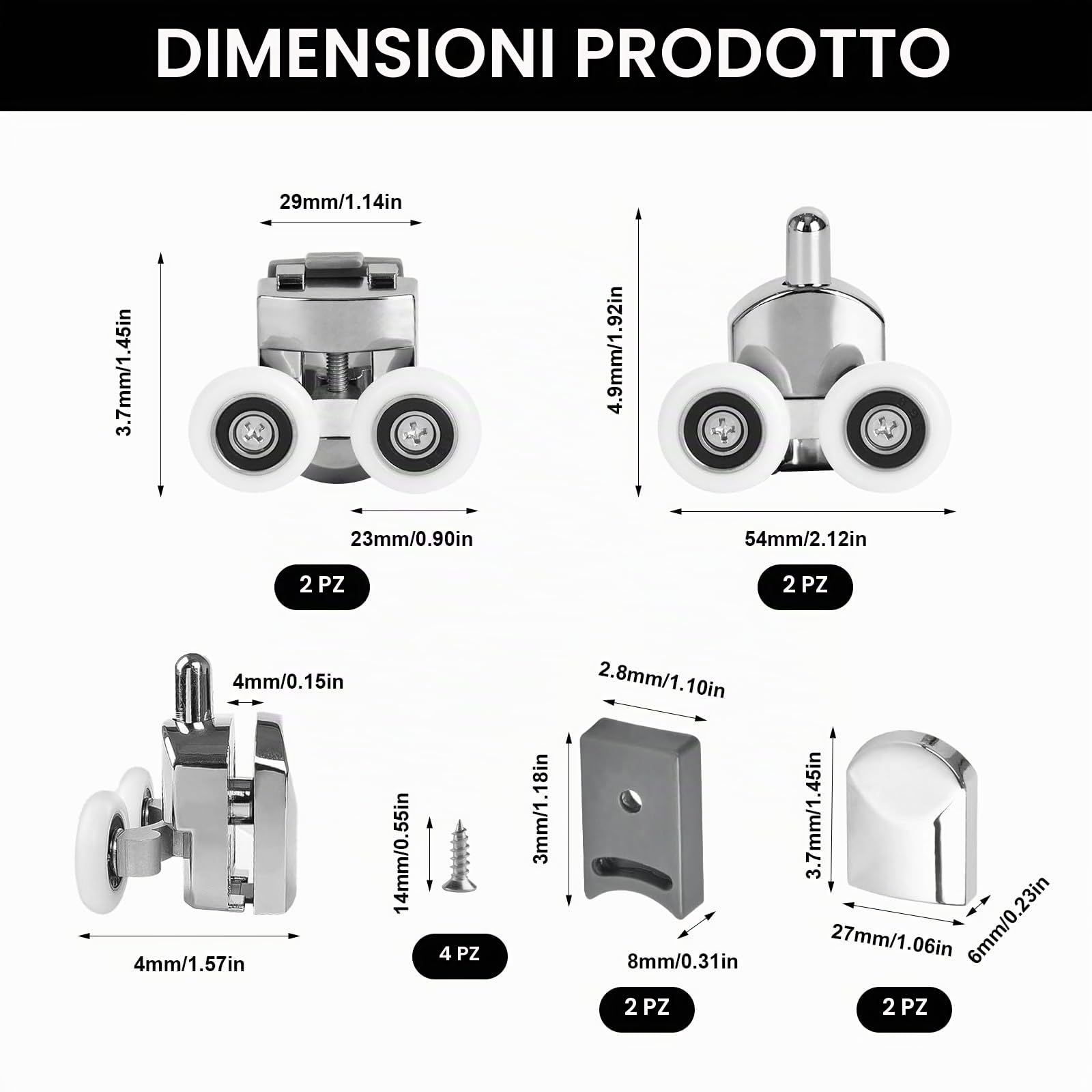 4 ruota per porta doccia, 23 mm, porte scorrevoli in vetro, bagno (2 superiori + 2 inferiori)