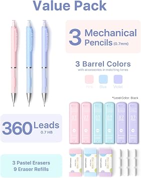 Four Candies 0.7mm Cute Mechanical Pencil Set, 3-Pack with Case