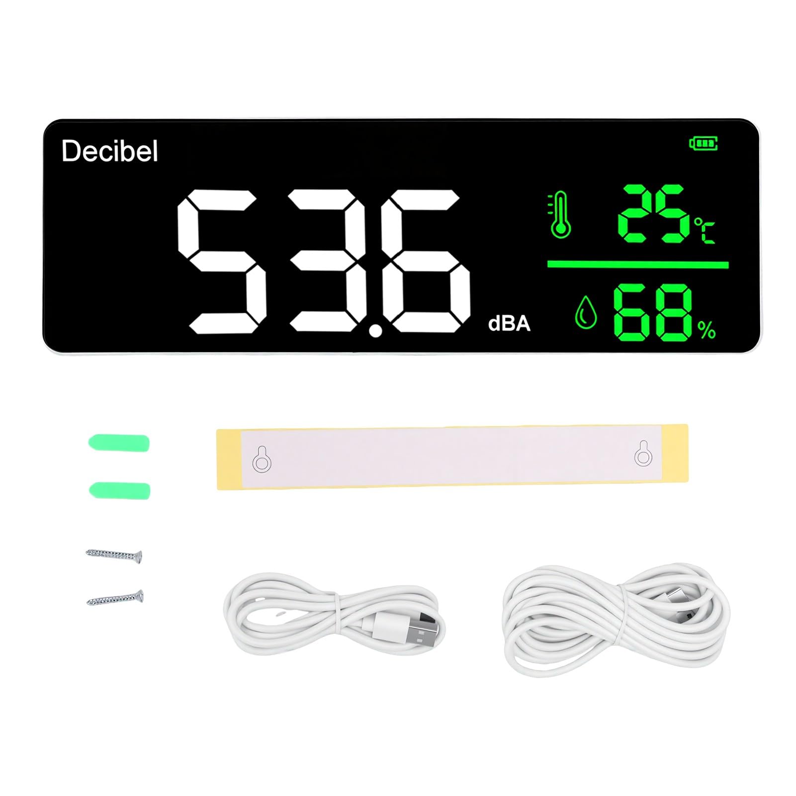 Medidor de Decibelios 30-130dBA LED Registro de Datos de Montaje en Pared | Ruido/temperatura/humedad 3 en 1, registra y exporta datos, interruptor °C/°F, calibración manual, batería de 2000 mAh,