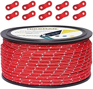 50M Reflective Cord Guy Ropes Outdoor Tent Guide Rope 100% Nylon Cord Wind Line with 10Pcs Aluminum alloy tensioners for Camping (Army green, Diameter 5 mm)