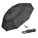 46/62 Inch Large Travel Umbrellas for Rain Windproof, 10 Ribs Compact Reverse Folding Golf Umbrella, Double Canopy Automatic Open Close