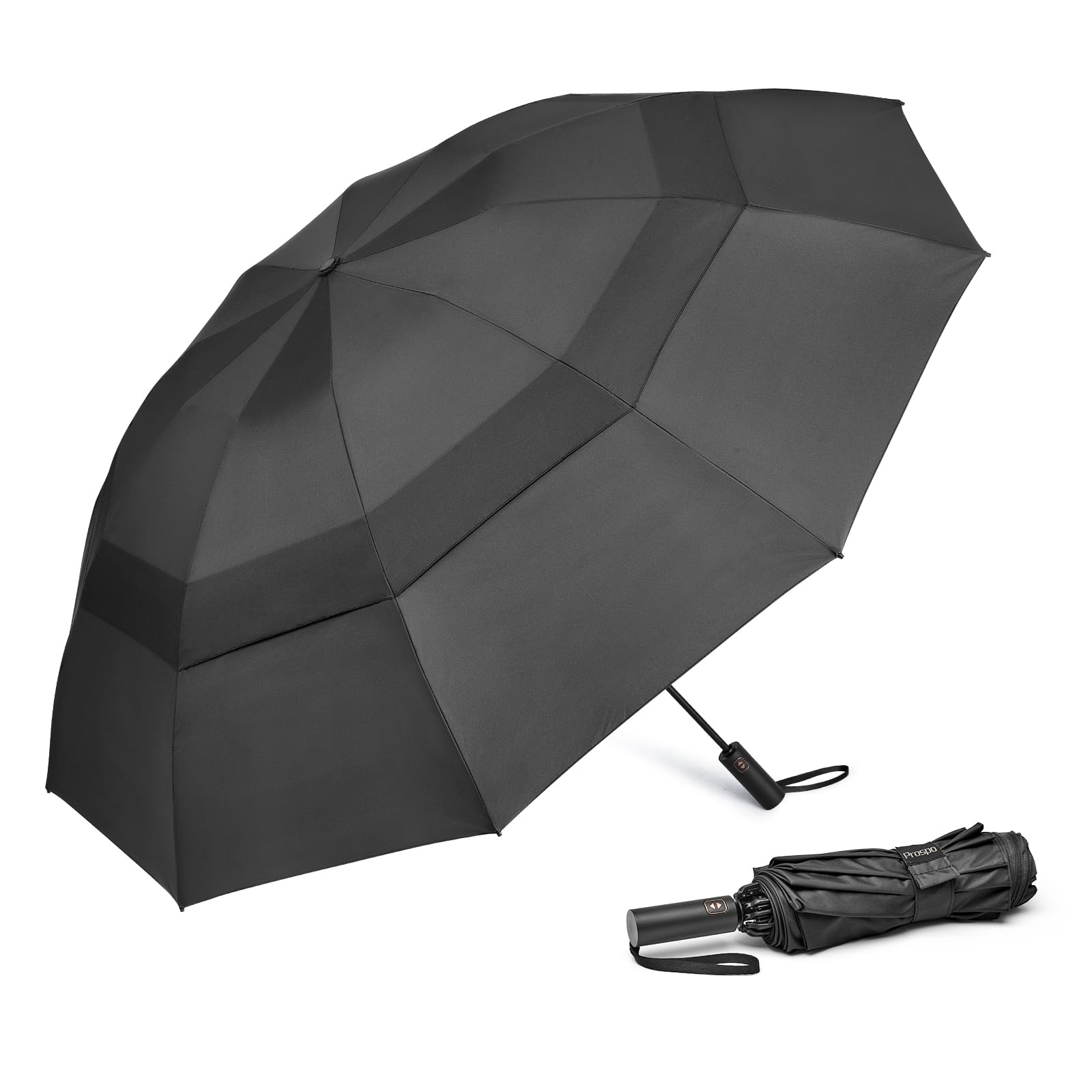 Prospo 62 Inch Large Travel Umbrellas for Rain Windproof, 10 Ribs Compact Reverse Folding Golf Umbrella, Double Canopy Automatic Open Close