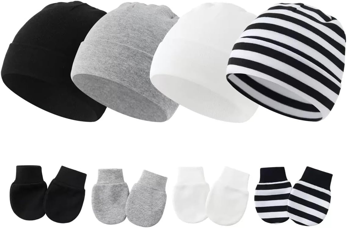 Baby Hats and Mittens Set, 4 Pairs Newborn Beanie and No Scratch Gloves, Soft Cotton Hospital Cap for Boys, Girls, Neutral