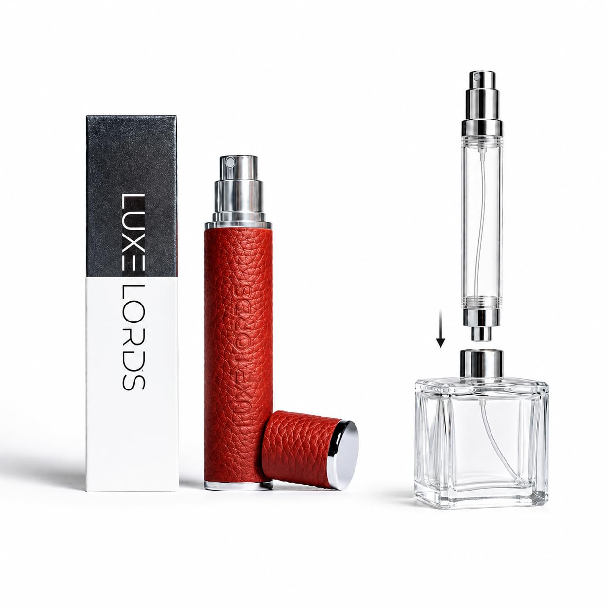 LUXE LORDS Leather Perfume Travel Refillable Atomiser, 10ml Perfume Atomiser Bottle, Portable Size Spray perfume Bottle Luxurious Travel accessory. (RED)