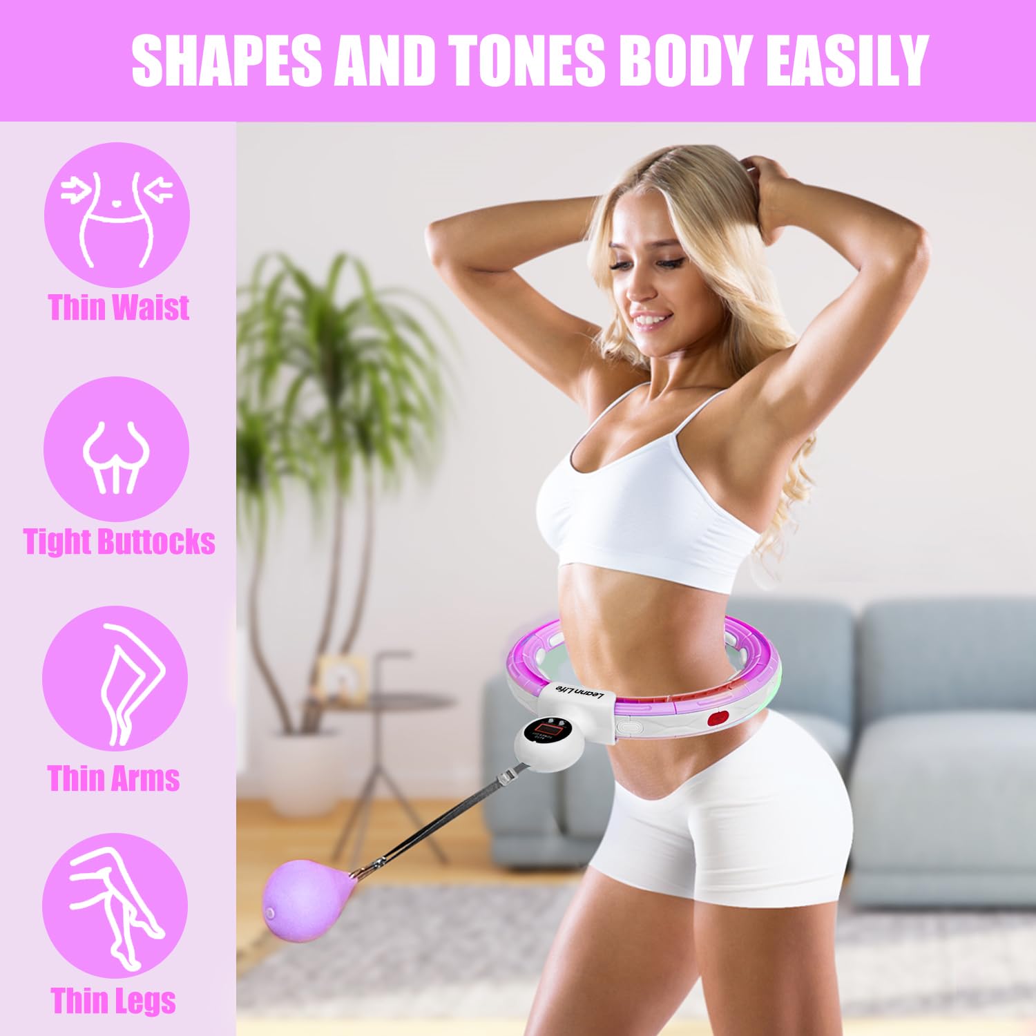 U5 Smart Hula Hoop ponderato con contatore - 16 nodi, 71,1 cm - 116,8 cm regolabile Infinity Hoop Plus Size, ruote gommate silenziose, allenamento addominale, fitness a casa e all'aperto