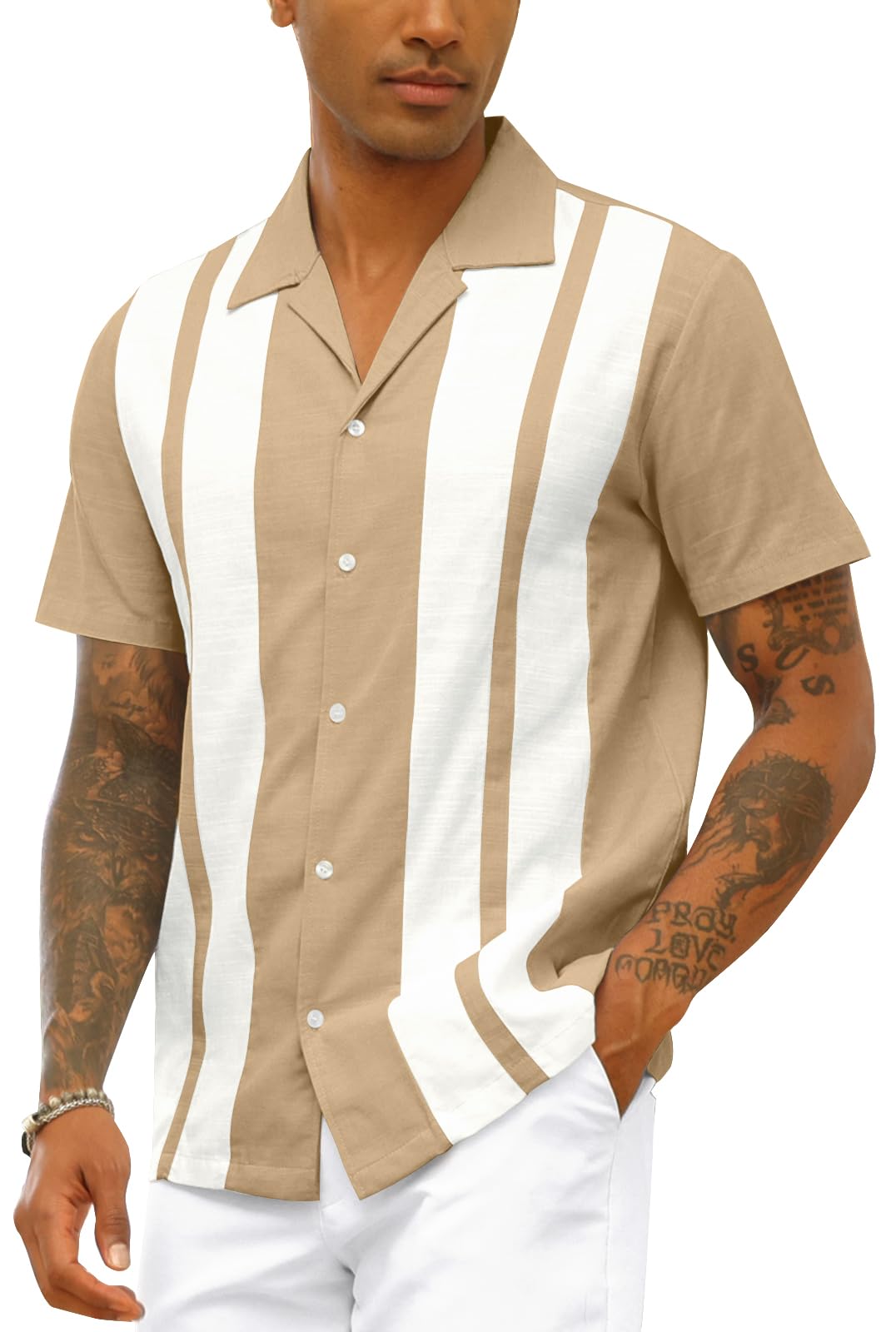 Camicia da bowling vintage da uomo, in cotone e lino, a maniche corte, con bottoni, top estivo
