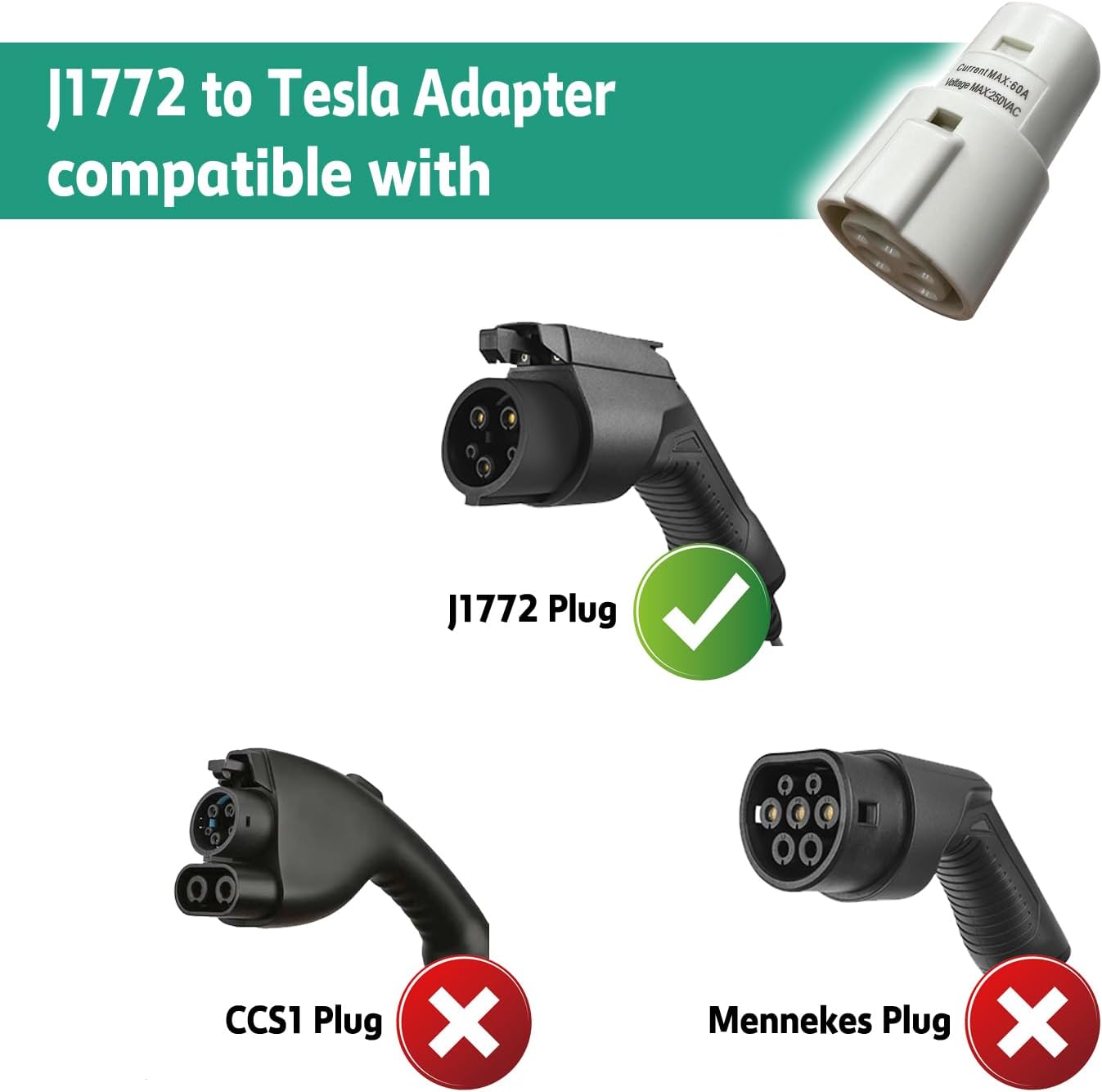 J1772 to Tesla Charging Adapter Support 60 Amp / 250V AC Compatible with SAE J1772 EV Charger Adapter to Tesla Model 3, Y, S, X Accessories(White)