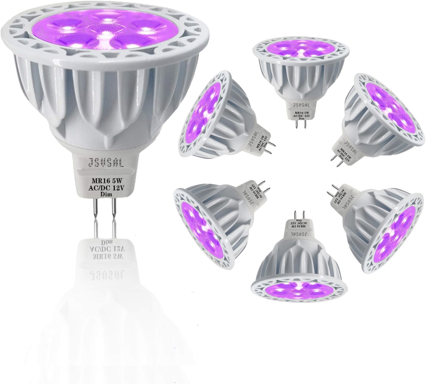Paquete de 6 bombillas LED con base bimpines, regulables, Púrpura， MR16 GU5.3, 5 W, 50 W, halógeno, AC/DC 12 V de baja tensión, focos de 40 grados para iluminación de paisaje, jardín, árbol