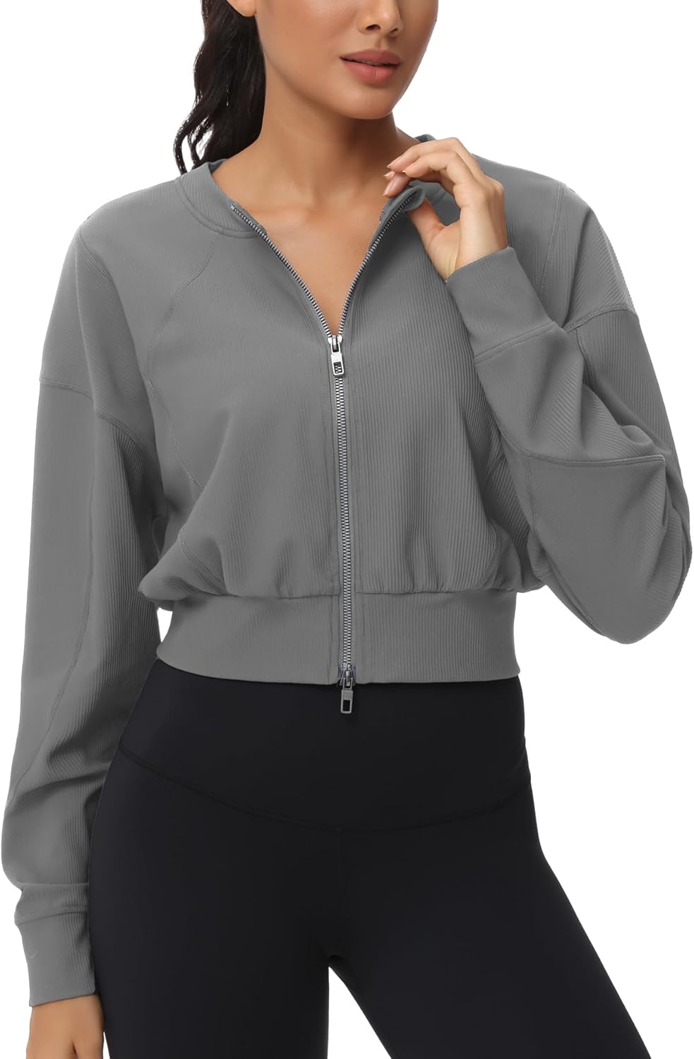 THE GYM PEOPLE Women's Cropped Jackets Full Zip Long Sleeve Ribbed Workout Sweatshirts Lightweight Casual Tops