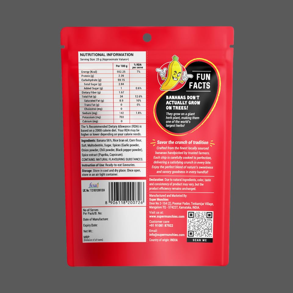 Image of Super Munchies Bold Bites Banana Chips Combo | Flaming Hot, Salted, Thai Chili, Sweet & Sour | Vegan, Gluten Free, No Palm Oil, No Preservatives, No Artificial Colors, Zero Trans Fat, No Cholesterol (Pack of 8)