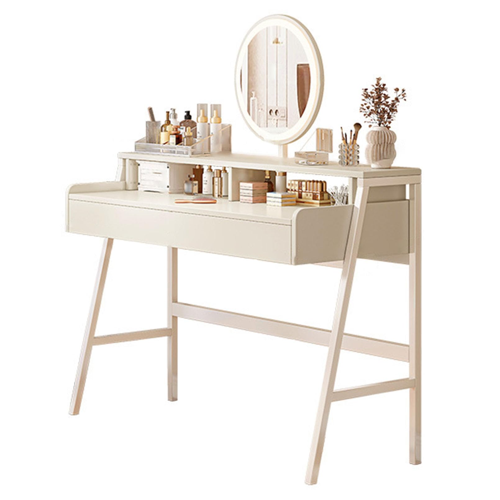Tocador con espejo y luces para dormitorio moderno creando un rincón de estudio cosmético