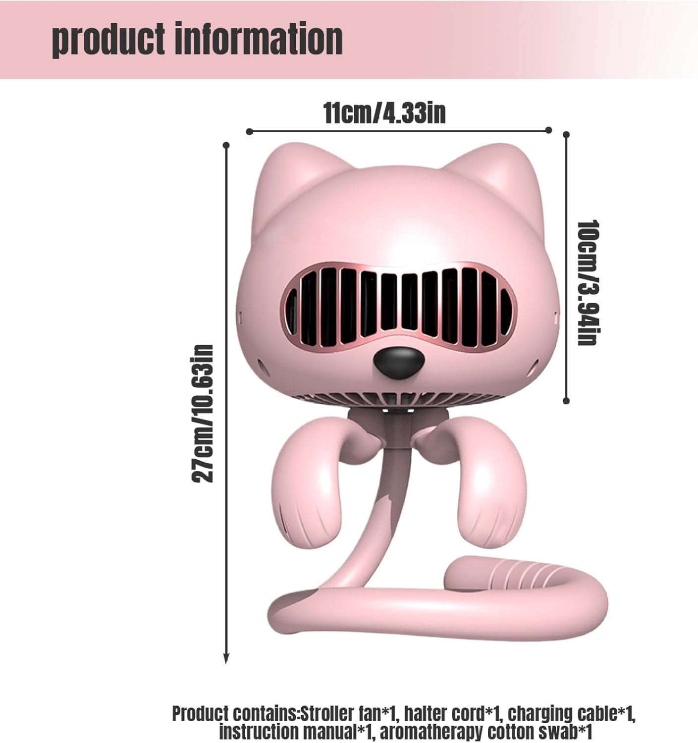 Stroller Fan, 4 in 1 Cat Shape Baby Stroller Fan 2200mAh Silicone Portable Fan Rechargeable Low Noise Bladeless 3 Level Clip on Fan for Indoor Outdoor, Style1