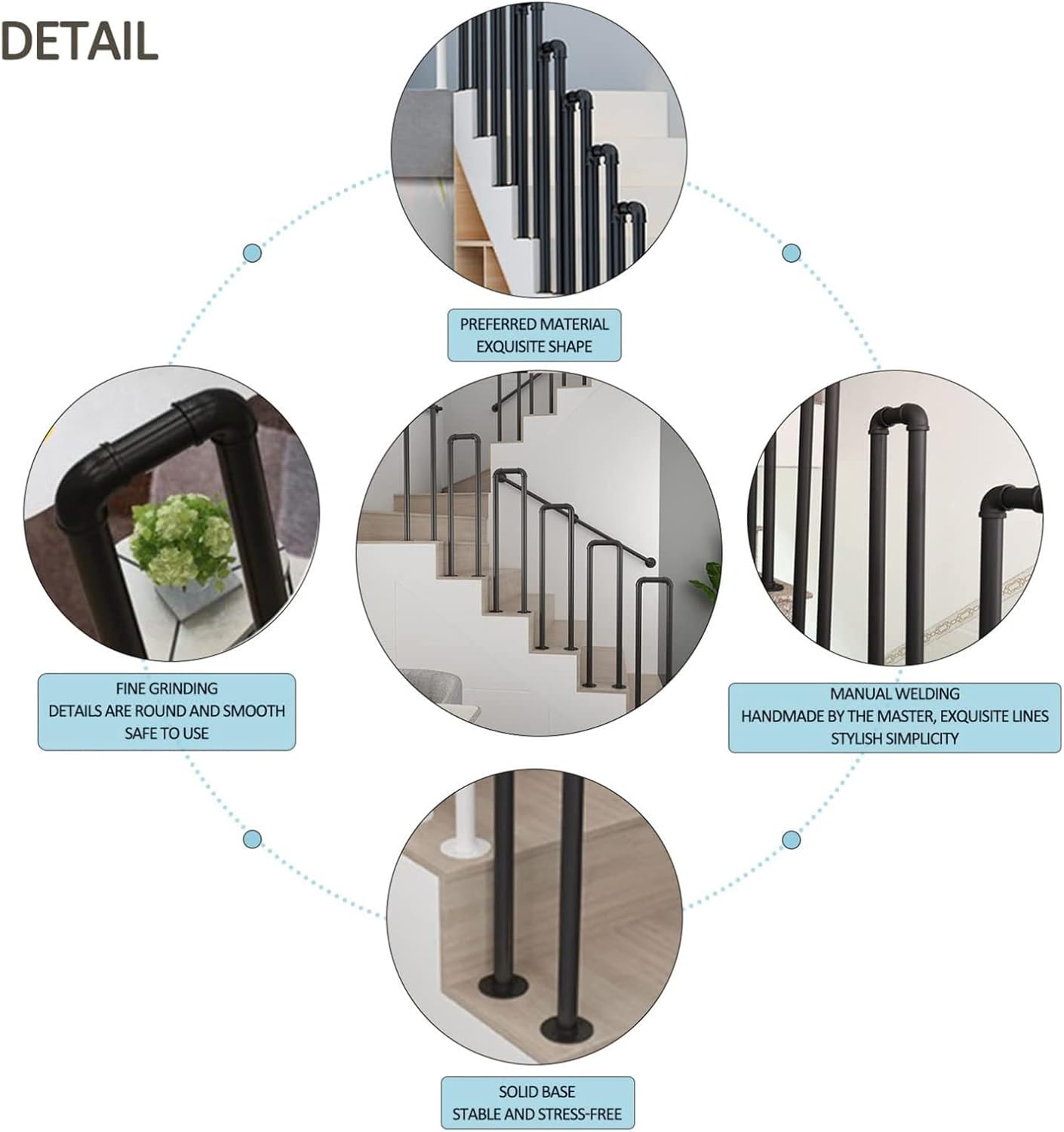 U字型錬鉄製階段手すり屋外用手すり、階段デッキ手すりロフト廊下サポートバー、1パック,95cm