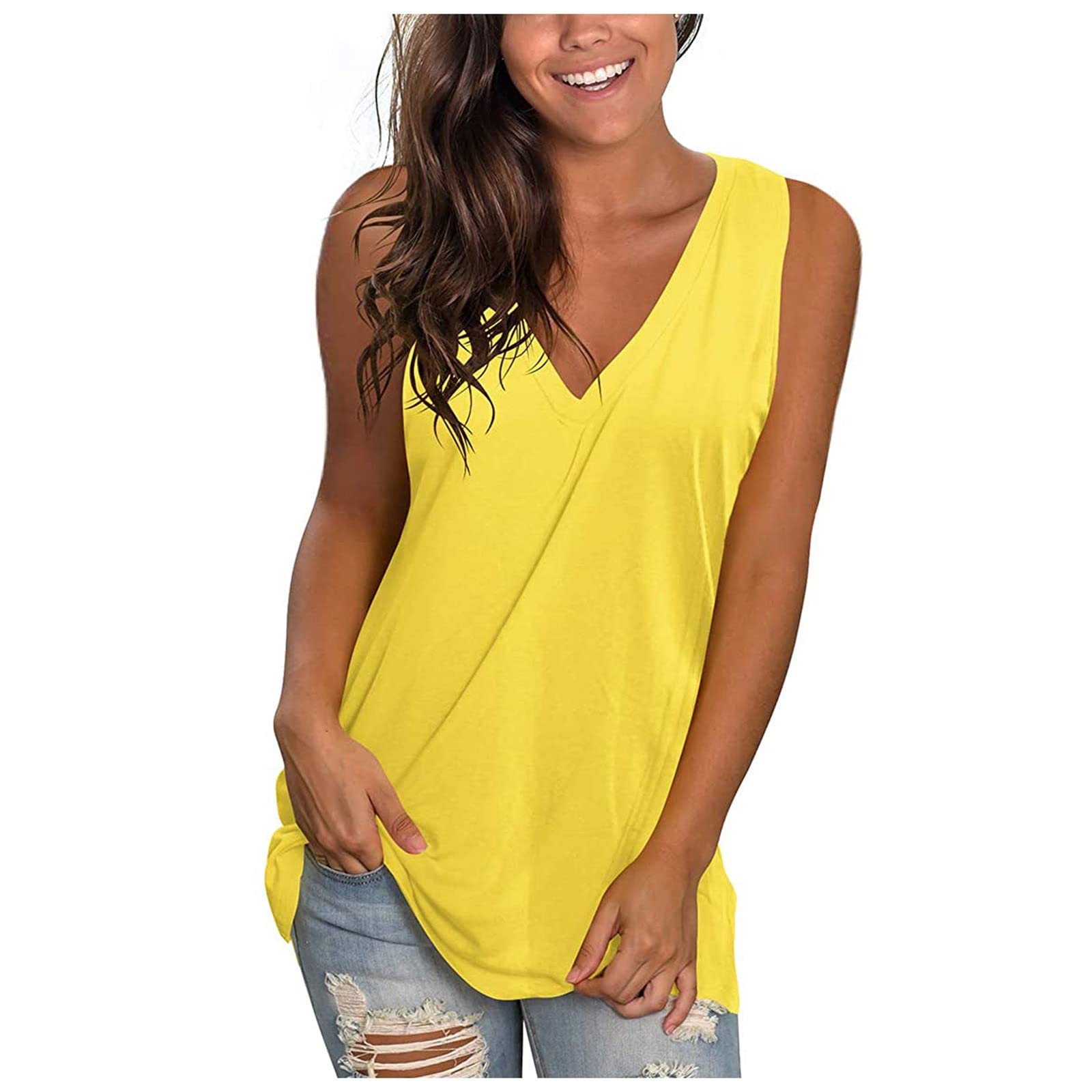 NUSGEAR Camisetas sin Manga Mujer 2024 Verano Moda Color sólido Camisola Casual Camisetas de Tirantes Cuello en V Deportivo Clásico Fiesta Playa Chaleco Tops Camisa Blusa Suelto Basic tee