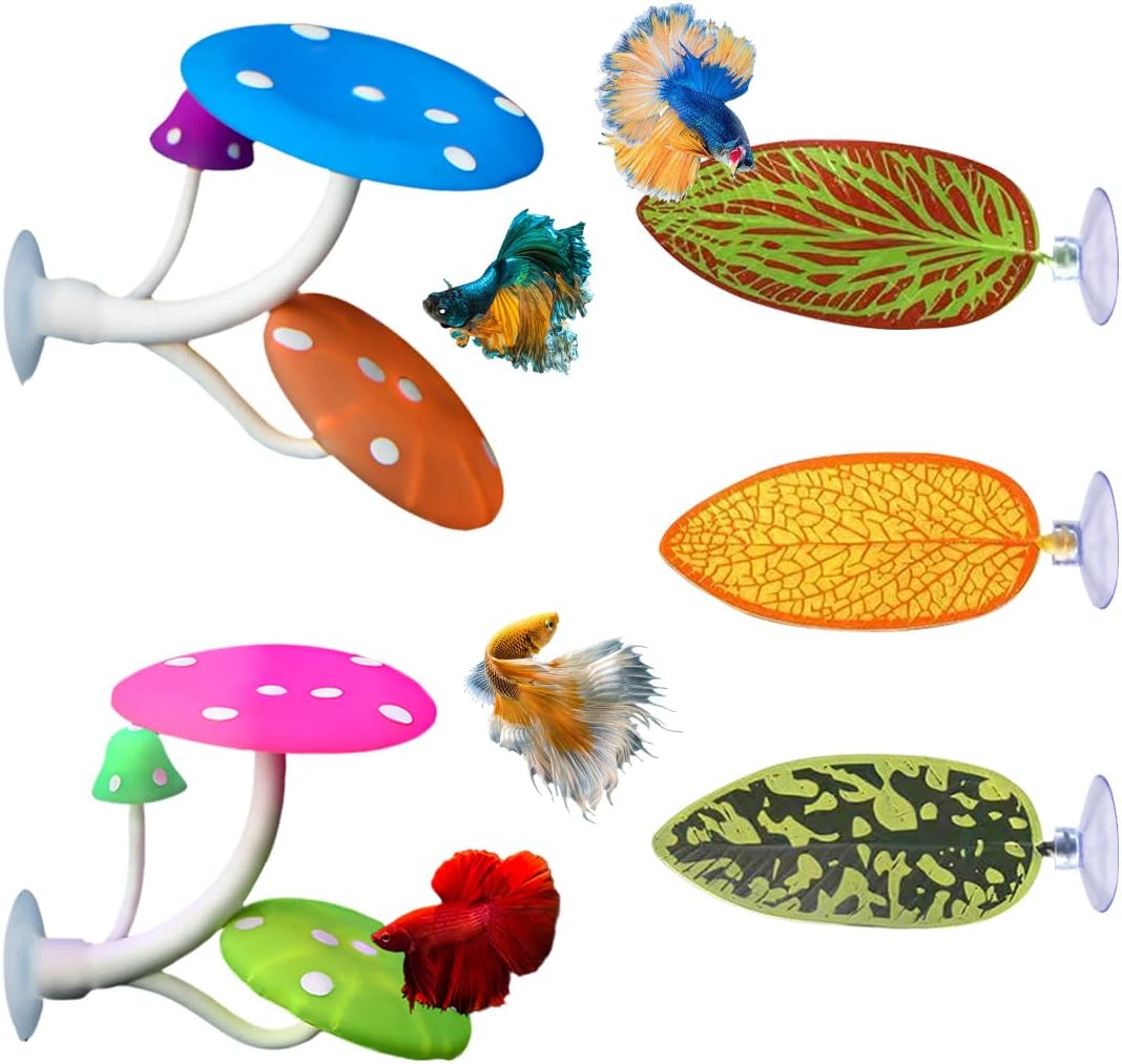 5pcs Betta Fish Leaf Pad Mushroom Silicone Betta Bed Realistic Betta Resting Leaves Mushroom Betta Decor for Small Fish Tank Aquarium Decorations (3 Leaf+2 Mushroom)