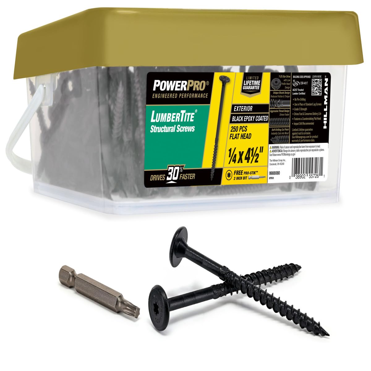 Power Pro 250 tornillos estructurales LumberTite (1/4 x 4-1/2 pulgadas) | Tornillos de madera resistentes de diseño patentado Star Drive | Cierres exteriores multicapa con revestimiento epoxi