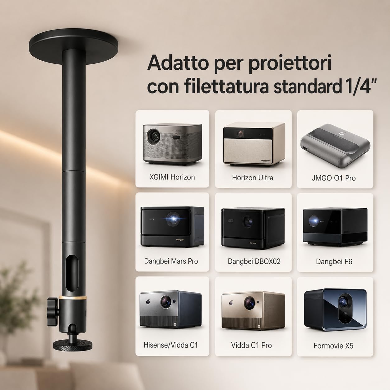 Staffa a Soffitto e Parete per Proiettore – Supporto Universale, Portata 10 kg, Regolabile 15-45 cm, Filettatura 1/4", Alluminio Al6063, Rotazione 360°, Cavo Nascosto